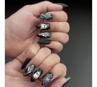 Lot de 24 faux ongles noirs ternes pour Halloween - Manifestation - Squelette - Blossomy - Planification artistique - Forme d'écrou - Sabots frauduleux permanents en ABS - Application rapide - Pour