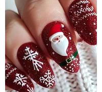 Lot de 24 faux ongles ovales rouges scintillants pour Noël Père Noël flocon de neige pour réunions de vacances