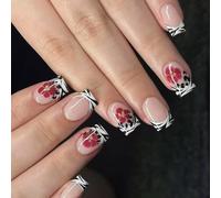 Lot de 24 faux ongles pailletés à rayures noires avec motif floral rouge vin pour le quotidien ou le soir, pour l'automne et l'hiver
