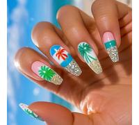 Lot de 24 faux ongles pailletés en forme d'arbre de noix de coco