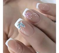 Lot de 24 faux ongles papillon français - Design élégant - Pour une application immédiate - Effet blanc naturel à presser sur l'ongle