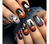 Lot de 24 Faux Ongles pour Halloween, Noir Carrés Press on Nails Citrouille Château Hanté, Ongles à Coller Couverture Complète Acrylique Fake Nails pour Femmes Filles Décoration D'ongles DIY