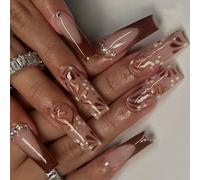 Lot de 24 faux ongles press on French manucure longs cercueil brillants à motif floral, faciles à utiliser, design d'hiver français scintillant