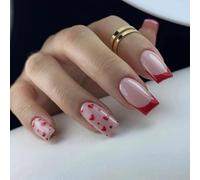 Lot de 24 faux ongles press on nails, courts, French, en acrylique, à coller, motif ballerine, couverture complète, pour femmes et filles, rouge amour
