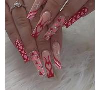 Lot de 24 faux ongles press on nails - En acrylique - Long - Ballerine - À coller - Paillettes - Pour femmes et filles - Rouge flamme