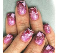 Lot de 24 faux ongles press on nails en acrylique - Motif cœur - Paillettes - Pour un look élégant