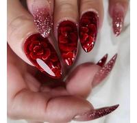 Lot de 24 faux ongles press on nails - Fleurs rouges - Pour femmes et filles