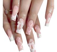 Lot de 24 faux ongles press on nails - Longs - French - À coller - Nœuds 3D - Fleurs - Rose et blanc - Accessoires pour nail art