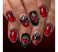 Lot de 24 faux ongles professionnels effet œil de chat avec motifs de cœurs rouges et feuilles d'or pour la Saint-Valentin, plusieurs tailles