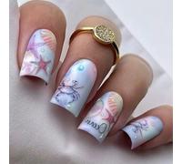 Lot de 24 faux ongles rectangulaires bleus à presser avec texture 3D avec coquillage artificiel pour un look élégant