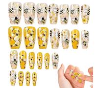 Lot de 24 faux ongles réutilisables à bout carré en forme d'abeille et fleur pour voyage, stage shopping