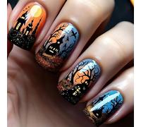 Lot de 24 faux ongles réutilisables à presser pour Halloween avec motifs citrouille et toile fantôme pour femme, accessoires de costume, faux ongles de forêt amovibles