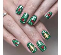 Lot de 24 faux ongles réutilisables en ABS pour fêtes de fin d'année, fête de Noël, flocon de neige vert