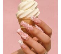 Lot de 24 faux ongles roses à presser à bout français - Nœud 3D Accents Ruban Design Long Cercueil Ongles Blancs French Tips Style Princesse Floral Mignon et Ludique Lime (Rose Perle)