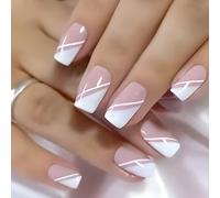 Lot de 24 faux ongles roses blancs brillants à coller sur les ongles en acrylique