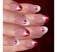 Lot de 24 faux ongles rouges à pointe française avec cœur scintillant pour la Saint-Valentin, ongles légers et confortables pour manucure française