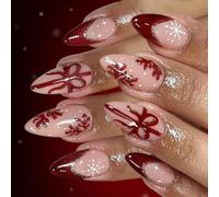 Lot de 24 faux ongles rouges brillants avec motifs flocons de neige pour mariage et Noël
