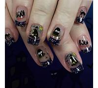 Lot de 24 faux ongles scintillants à presser pour Halloween, motif chaton, tombe, ABS, pas besoin d'outils pour les fêtes gothiques, chauve-souris