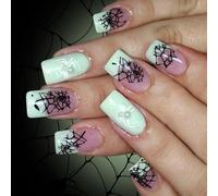 Lot de 24 faux ongles scintillants en toile d'araignée blanche - Réutilisables - Pas besoin d'outils - Pour Halloween