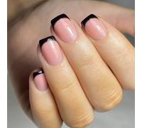 Lot de 24 faux ongles simples noirs à bout français à presser courts carrés brillants pour fête