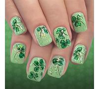 Lot de 24 faux ongles sur le thème de la Saint-Patrick - Paillettes vert clair - Design carré - Application rapide - Ongles verts