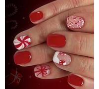 Lot de 24 faux ongles sur le thème de Noël avec motif canne à sucre d'orge et flocon de neige, application facile, faux ongles en ABS pour femme