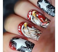 Lot de 24 faux ongles uniques à presser pour célébrer le jour de l'indépendance avec motif étoile pour fêtes et festivals Nail Art pour célébrations