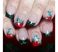 Lot de 24 faux ongles verts à paillettes avec motif français - Application instantanée - Faux ongles ABS pour fêtes, événements - Ongles artificiels de Noël