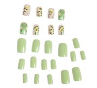 Lot de 24 faux ongles verts carrés à coller avec fleurs - Couverture complète