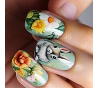 Lot de 24 faux ongles verts en forme de fleurs - Lapins de Pâques - Couvertures complètes - À coller sur les ongles courts et carrés
