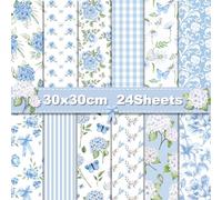 Lot de 24 feuilles de papier bleu clair à motif hortensia, 30 x 30 cm, papier spécial aquarelle floral, papier spécial double face pour bricolage, fabrication de cartes, journal intime, album photo,