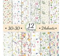 Lot de 24 feuilles de papier de scrapbooking à motif floral - 12 designs - Double face - Papier décoratif floral - Papier de scrapbooking - Papier de fond de 30,5 x 30,5 cm