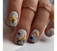 Lot de 24 housses réutilisables complètes collées sur les ongles courts carrés faux ongles fleurs Appuyez sur le printemps artificiel