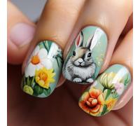 Lot de 24 lapins de Pâques à coller sur les ongles courts et carrés - Fleurs artificielles vertes