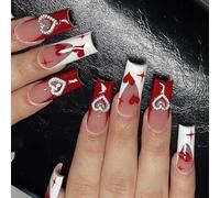 Lot de 24 longs bâtonnets de cercueil sur les ongles avec des motifs de cœur d'amour Appuyez sur les ongles pleins Cadeaux Saint-Valentin Ongles