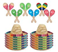 Lot de 24 maracas en bois avec mini chapeaux sombrero - Kit de décoration Fiesta pour enfants, décoration de fête mexicaine, Cinco de Mayo, carnaval, fête d'anniversaire