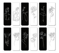 Lot de 24 marque-pages magnétiques minimalistes avec lignes et impressions artistiques - Marque-page abstrait - Esthétique - Visage féminin et fleur - 12 styles - Cadeau idéal pour une salle de classe