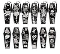 Lot de 24 marque-pages squelette en forme de cercueil avec pompon noir, 5,6 x 15 cm, accessoires de livre d'horreur d'Halloween style sombre en forme de crâne, marqueur de livre en forme de cercueil