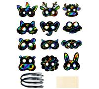 Lot de 24 masques d'animaux à gratter pour enfants, avec rubans, stylo à gratter, bricolage, masques, pour bricolage, cadeau, anniversaire d'enfant, jeux, fête, petit cadeau, décoration de carnaval
