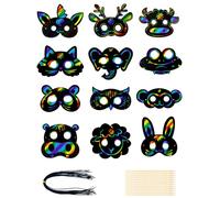 Lot de 24 masques d'animaux à gratter pour enfants, avec rubans, stylo à gratter, bricolage, masques, pour bricolage, cadeau, anniversaire d'enfant, jeux, fête, petit cadeau, décoration de carnaval