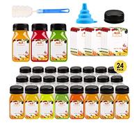 Lot de 24 mini bouteilles de jus en plastique de 118 ml avec étiquette, entonnoir et brosse, petits flacons transparents avec couvercles pour jus et smoothies, lait, eau