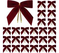 Lot de 24 mini nœuds de Noël en velours rouge - Mini nœuds à bords métalliques pour décorations d'arbre, festives, décorations de fête, fournitures de décoration artisanales (vin rouge)
