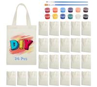 Lot de 24 mini sacs fourre-tout en toile pour loisirs créatifs, sacs vierges réutilisables pour enfants, sacs d'épicerie avec kit de peinture acrylique 12 couleurs, petits sacs à dragées pour arts