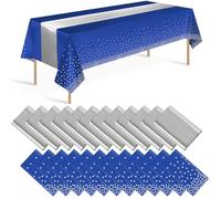 Lot de 24 nappes et chemins de table bleus et argentés - Décorations de fête - Jetables en plastique bleu et argenté - Chemin de table satiné pour mariage, anniversaire, remise de diplôme, fête