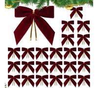 Lot de 24 nœuds en Velours Rouge vin Tannenbaum Schleifen Samt pour décorations de Sapin de Noël, Couronne, Guirlande de nœuds en Velours avec nœuds dorés