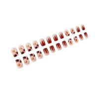 Lot de 24 ongles à coller - En acrylique - Courts, carrés, orange - Feuilles d'érable scintillantes - Finition brillante - Pour femmes et filles