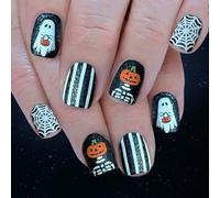 Lot de 24 ongles à presser en ABS avec motif squelette de citrouille et toile d'araignée blanche