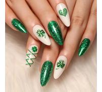 Lot de 24 ongles à presser en acrylique pour la Saint-Patrick - Vert scintillant et blanc avec trèfle porte-bonheur et rubans décoratifs, pointes réutilisables en acrylique ABS pour tenue de fête