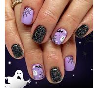 Lot de 24 ongles à presser pour Halloween Motif chauve-souris gothique avec motifs toile d'araignée ABS Pas besoin d'outils gothiques chauve-souris Nail Art