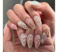 Lot de 24 ongles artificiels 3D en forme d'amande, en forme d'amande, papillon, arcs sur ongles pour femme
